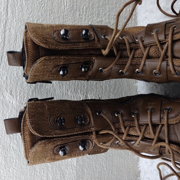 J75 by Jump Deploy Brown Faux Leather Canvas Round Cap Toe Lace Up Combat Boot - Picture 13 of 16